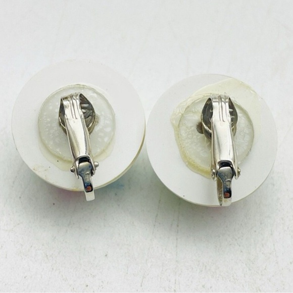 Vintage White Half Dome Multicolor Rhinestones Clip On Earrings - Picture 2 of 4